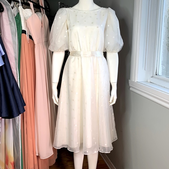 Beautiful Vintage 70s Dress Belted White white dots Wedding - Picture 3 of 14